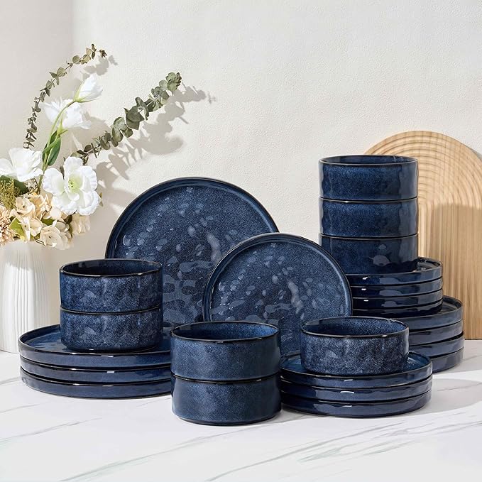 Herogo 24 Pieces Dinnerware Sets for 8, Plates and Bowls Sets for Home Serving, Stoneware Dinning Dishes, Dishwasher & Microwave Safe, Starry Blue