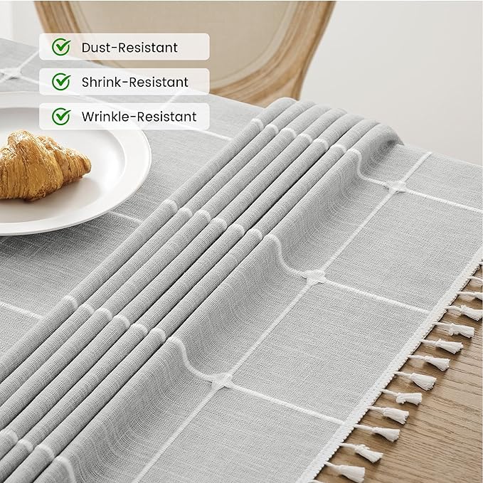 puredown® Plaid Rectangle Tablecloth, Waterproof Cotton Linen Tablecloth with Tassel, Rustic Farmhouse Table Cloths for Kitchen Dining Outdoor, 55"x70",4-6 Seats, Gray