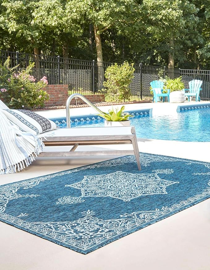 Unique Loom Outdoor Traditional Collection Area Rug - Antique (2' x 3' 1" Rectangle Teal/Ivory)