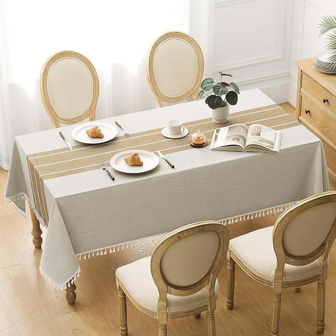 puredown® Rustic Rectangle Tablecloth, Waterproof Cotton Linen Tablecloth with Tassel, Wrinkle Free Farmhouse Table Cloths for Kitchen Dining Outdoor, 55"x70",4-6 Seats, Coffee