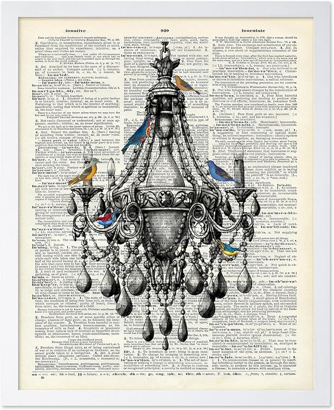 Poster Master Dictionary Art Poster - Antique Chandelier Print - Bird Art - Baroque Art - Gift for Men & Women - Chic Decor for Living Room, Dining Room, Bedroom or Kitchen, 16x20 White Framed