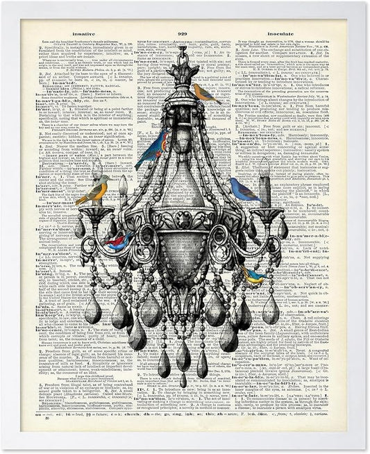 Poster Master Dictionary Art Poster - Antique Chandelier Print - Bird Art - Baroque Art - Gift for Men & Women - Chic Decor for Living Room, Dining Room, Bedroom or Kitchen, 16x20 White Framed