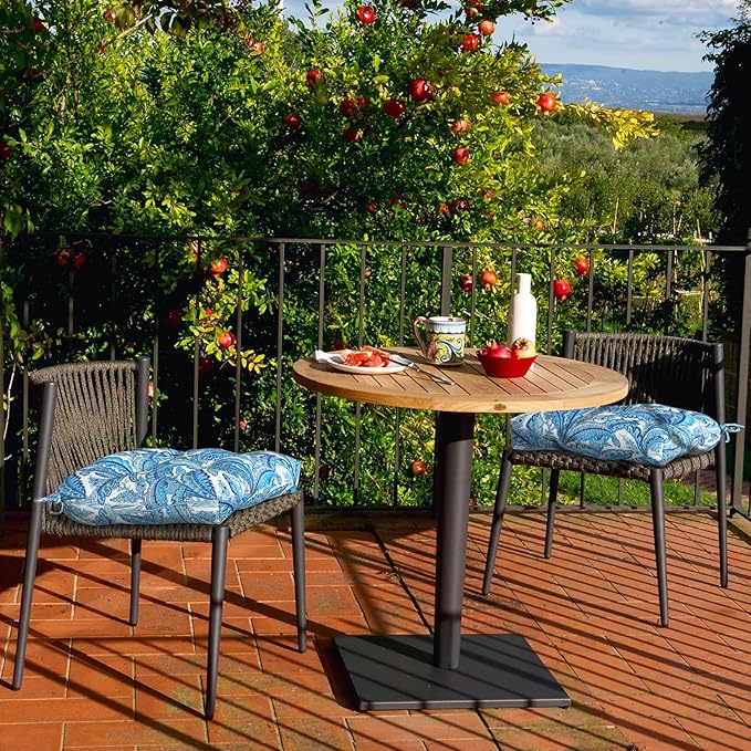 Set of 2 Outdoor Tufted Chair Cushions 19"x19"x4", Water Repellent Patio Seat Cushions with Ties, Replacement Chair Pads for Wicker Dining and Patio Furniture - Monotone Leaves Blue