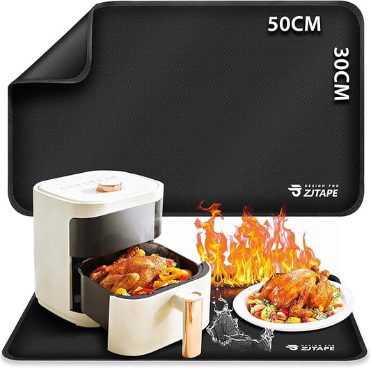 Heat Resistant Mat for Air Fryer Site - 19.6 x 11.8in, Fireproof Silicone Mats for Kitchen Counter, Heat Proof Mat, Non-slip & Waterproof for Deep Fryer, Oven, Coffee machine (Black)