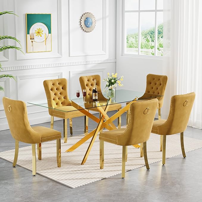 Goujxcy Glass Dining Table Set for 6, Modern Kitchen Table and Chairs Set of 6, 7-Piece Kitchen Dining Room Table Set w/61 Glass Gold Dining Table and 6 Yellow Velvet Upholstered Chairs