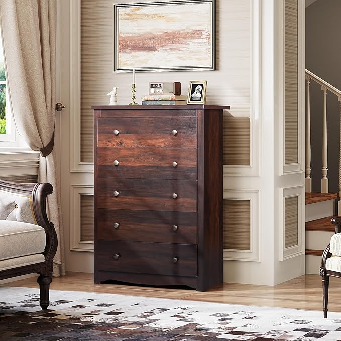 WLIVE Wood Dresser with 5 Drawers, Rustic Brown Wooden Storage Cabinet for Bedroom, Modern Organizer Drawers and Closet Dresser for Living Room, Hallway, Measuring 15.75" W*31.50" D*45.35" H