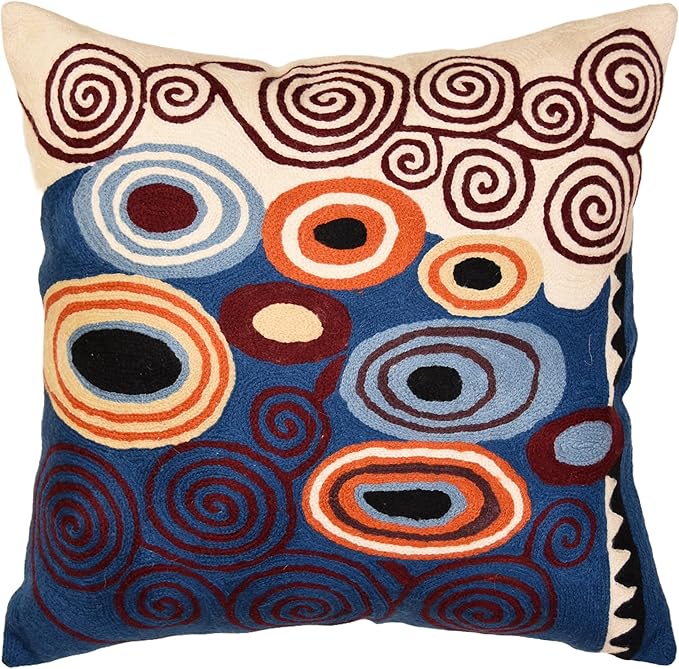Klimt Blue Decorative Pillow Cover Contemporary Chair Cushion | Modern Blue Sofa Pillowcase | Modern Outdoor Pillows | Mid Century Chair Cushions | Hand Embroidered | Wool Size 18x18