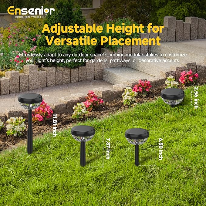 Ensenior 8-Pack Solar Lights Outdoor, Auto ON/Off 6500K LED Solar Garden Lights for Pathway, Yard, Patio, Walkway, Flower Bed, Waterproof, Energy-Efficient Landscape Lighting, Adjustable Height