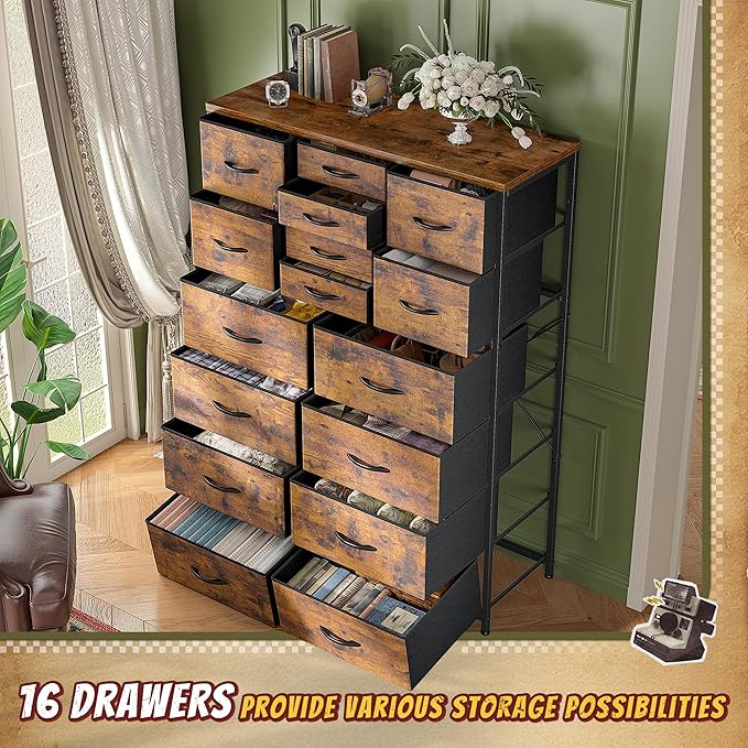 57“H Tall Dresser for Bedroom with 16 Drawers,Fabric Dressers & Chests of Drawers for Bedroom,Large Dresser for Closet,Sturdy Metal Frame & Wood Top,Entryway, Hallway(Rustic Brown)