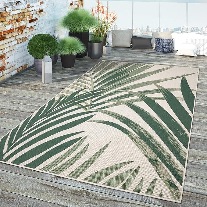 Tropical Outdoor Rug Palm Tree & Jungle Design Flatweave in Green Beige, Size: 5'3" x 7'7"