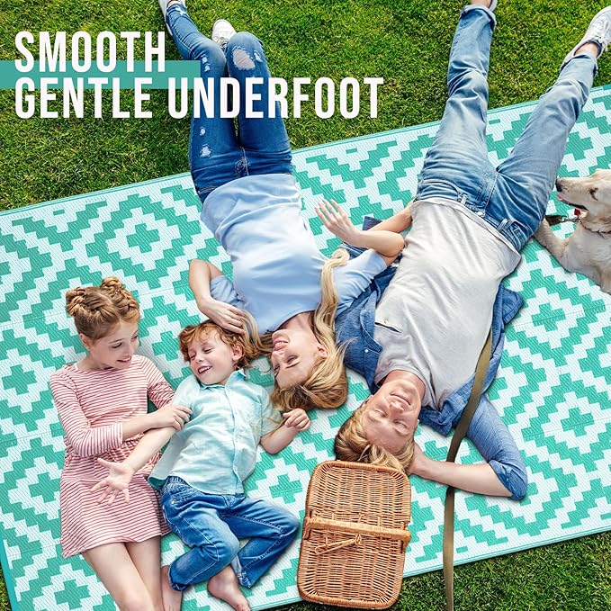 OLANLY Waterproof Outdoor Rug 9x12 ft, Outdoor Plastic Straw Rug for Camping, RV Mat Outside, Outdoor Carpet for Porch, Deck, Backyard, Balcony, Picnic, Turquoise & White