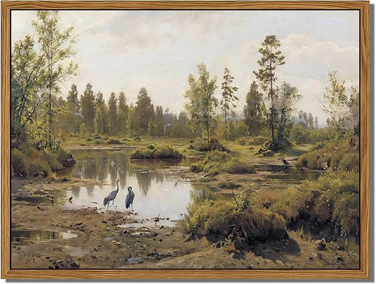 Floating Framed Canvas Wall Art Vintage Decor - Tranquil Marsh Landscape Wall Decor, Countryside Farmhouse Scenery Paintings Prints for Living Room Bedroom Office Decoration 12x16 inch