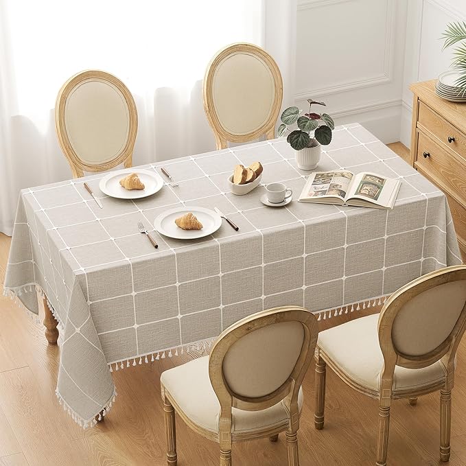 puredown® Plaid Rectangle Tablecloth, Waterproof Cotton Linen Tablecloth with Tassel, Rustic Farmhouse Table Cloths for Kitchen Dining Outdoor, 55"x120",10-12 Seats, Coffee
