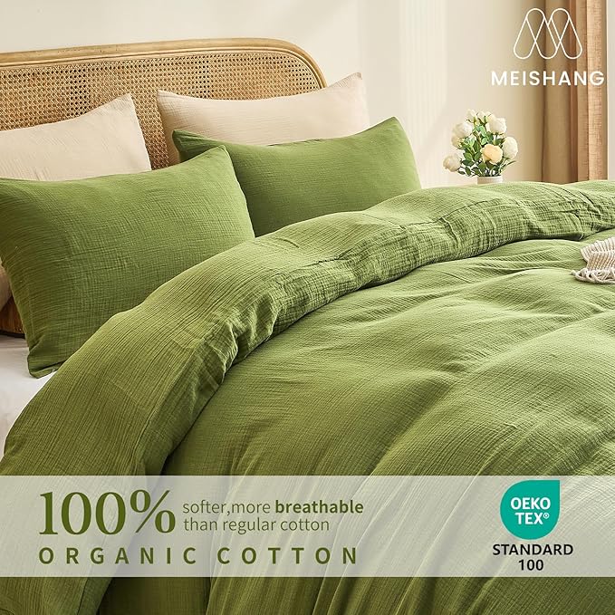 MEISHANG Muslin Duvet Cover Queen Size - 100% Organic Cotton, Soft Textured Gauze Weave Comforter Cover for Breathable All-Season with Zipper Closure - 3 Piece Set (Queen, Forest Green)