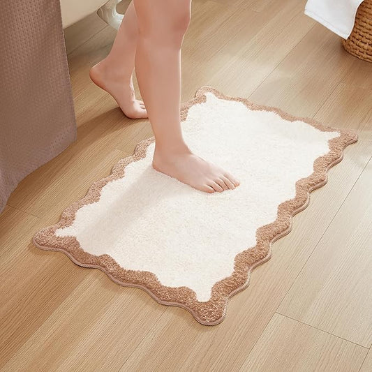 MONDAY MOOSE Bath Mat with Scalloped Wavy Ripple Design, Microfiber Absorbent Non Slip Tufted Rug for Floor, Shower or Kitchen (16x24 inch, Beige)