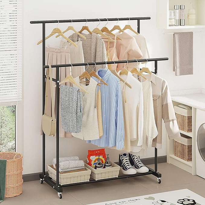 Calmootey Double Rod Clothing Garment Rack,Rolling Hanging Clothes Rack,Portable Clothes Organizer for Bedroom,Living Room,Clothing Store,Black
