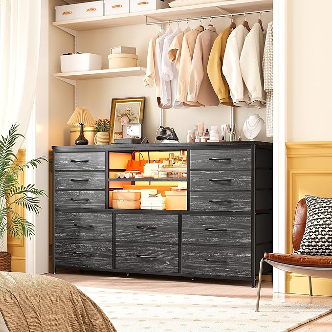 EnHomee Black Dresser with LED Lights & Power Outlets, 12 Drawers Dresser TV Stand for 60''TV Stand for Bedroom Fabric Dressers & Chest of Drawers, Sturdy Metal Frame, for Closet, Living Room,Hallway