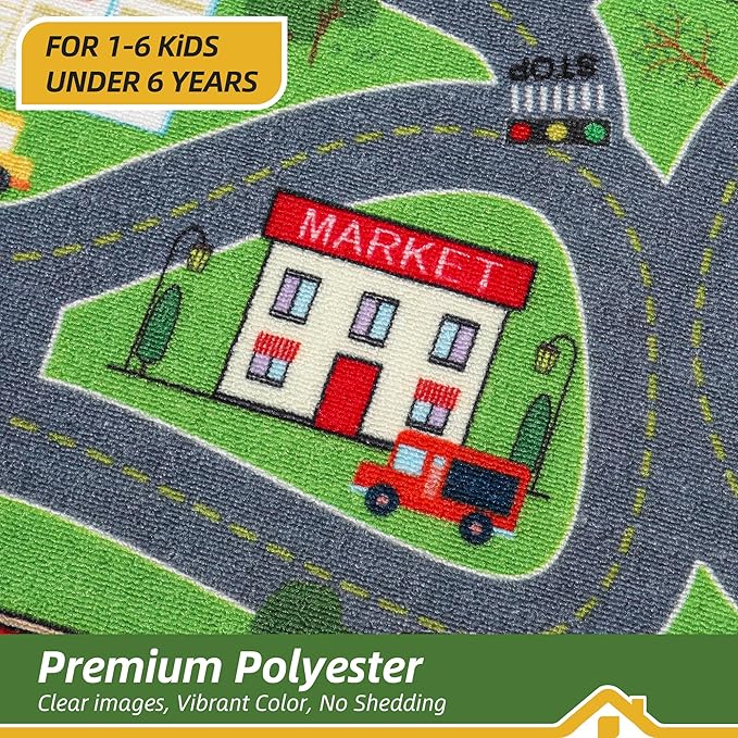 BEQHAUSE Kids Play Mat 2pcs, Green City Traffic Road Kids Room Rug Great for Playing with Cars, 32”x60” Play Area Rug Car Rugs for Children's Bedroom, Toddler Classroom and Baby Playroom