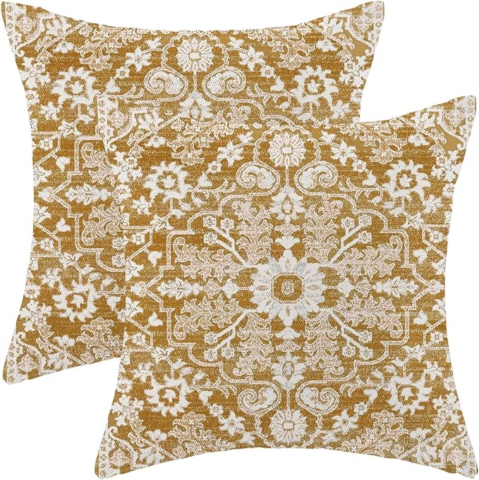 Brown White Boho Pillow Covers 18x18 Set of 2, Carpet Design Coffee Decorative Boho Throw Pillows Linen Farmhouse Bohemian Cushion Pillow Covers for Sofa Couch Outdoor Decor