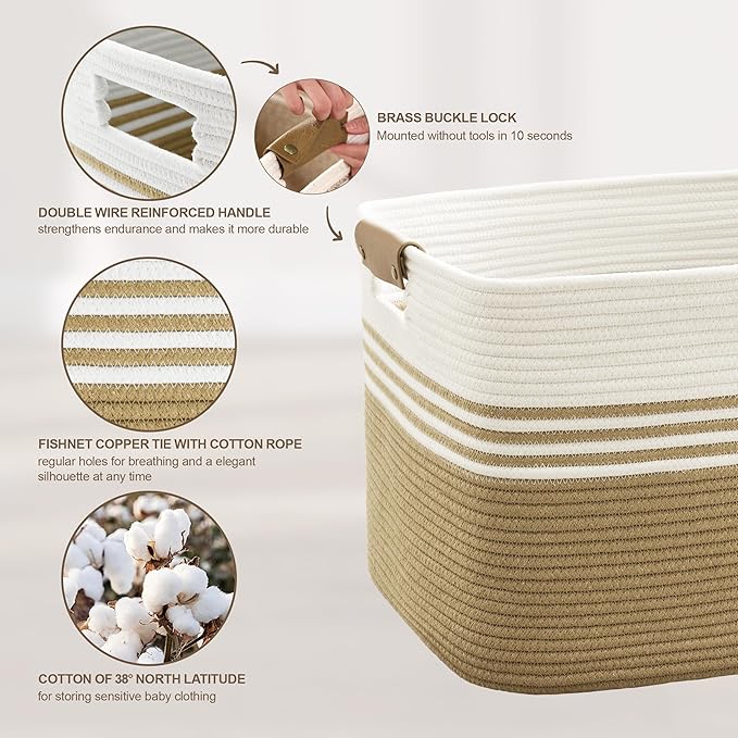 Laundry basket with leather handles for clothes,blankets,pillows,toys,towels,suitable for bedrooms and living rooms,cotton woven laundry hamper,extra large gift basket,22"x17"x12",Khaki