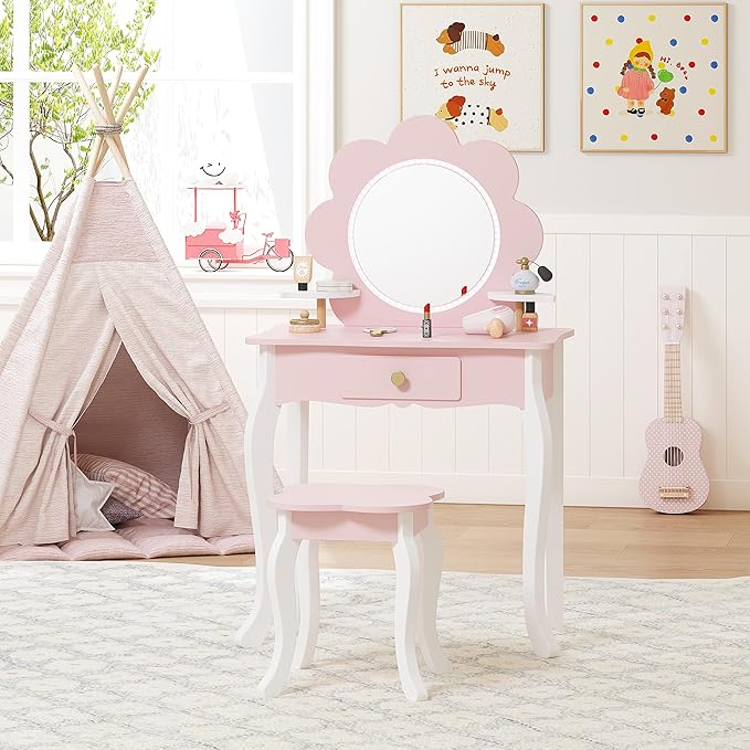 Spirich Kids Vanity, Girls Vanity Set with Mirror and Stool and Lights, Kids Vanity Table and Chair Set, Wooden Princess Makeup Desk Dressing Table (Flower Shape with LED Strip)