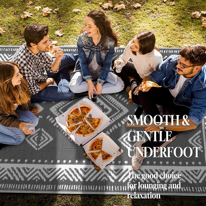 OMERAI Reversible Waterproof Outdoor Rug for Backyard,Plastic Textured Resistant Outdoors Rugs,Portable Washable Easy Cleaning Foldable Camping Beach Carpet for Patio Courtyard, 5'x8' Gray & White