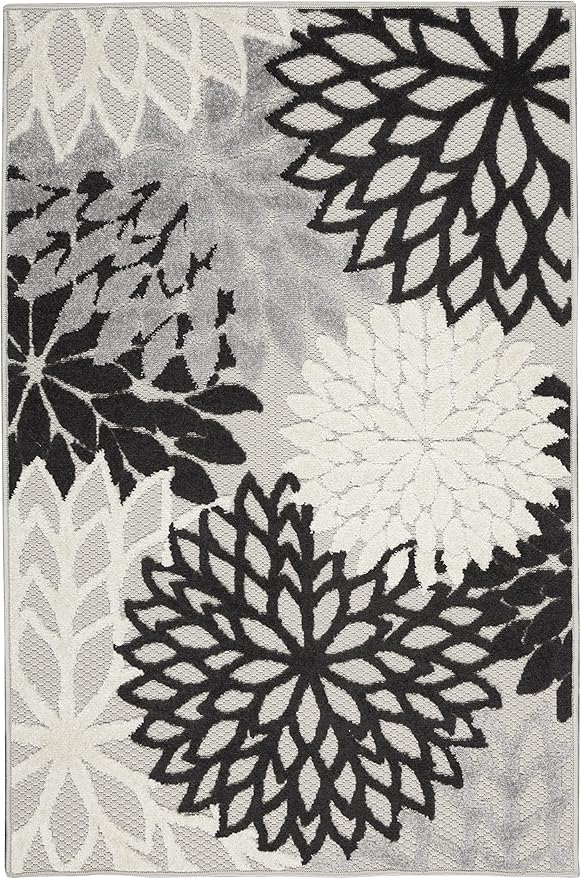 Nourison Aloha Indoor/Outdoor Black White 2'8" x 4' Area Rug, Tropical, Botanical, Easy Cleaning, Non Shedding, Bed Room, Living Room, Dining Room, Deck, Backyard, Patio (3x4)