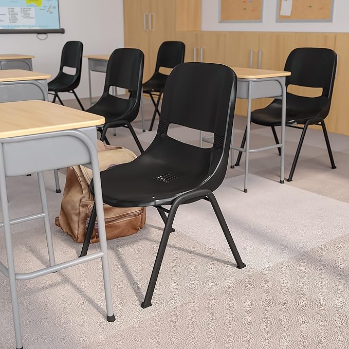 EMMA + OLIVER Black Ergonomic Shell Student Stack Chair - Classroom Chair/Office Guest Chair