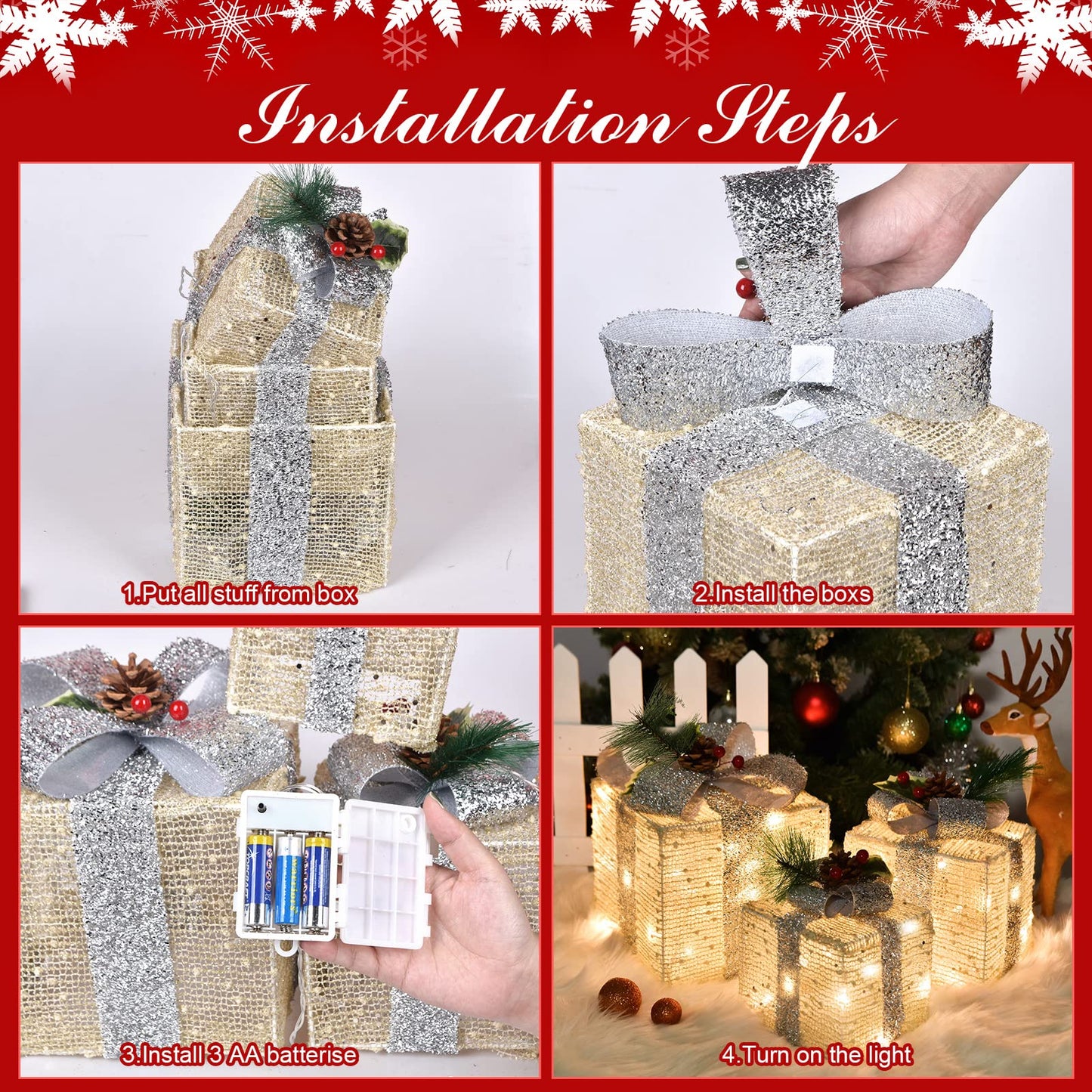 COVFEVER Christmas Lighted Gift Boxes, Pre-lit Lights Gold Linen Cloth Gift Boxes, Light up Present Boxes Set Battery Operated with Different Sizes for Holiday Indoor Outdoor Decorations (Gold Liene)