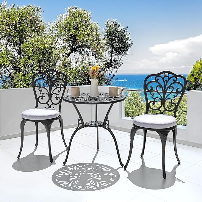 NUU GARDEN 3 Piece Outdoor Bistro Table Set, All Weather Cast Aluminum Patio Bistro Sets Patio Table and Chairs Set of 2 with Umbrella Hole for Yard, Garden, Balcony, Black