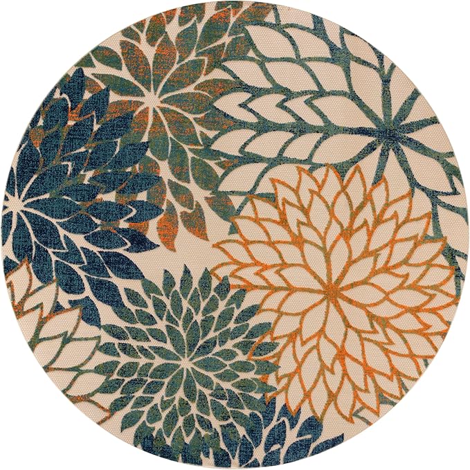 Nourison Home Aloha Tropical Blue Green 5'3" x Round Area -rug, Easy -cleaning, Non Shedding, Bed Room, Living Room, Dining Room, Kitchen (5 Round)