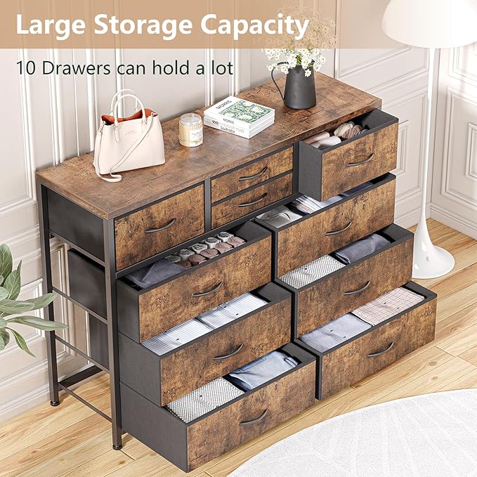 Jojoka Wide 10 Drawer Dresser,TV Stand Entertainment Center Fabric Storage Dressers Drawers for Bedroom, Hallway, Nursery, Closets, Steel Frame, Wood Top (Rustic)