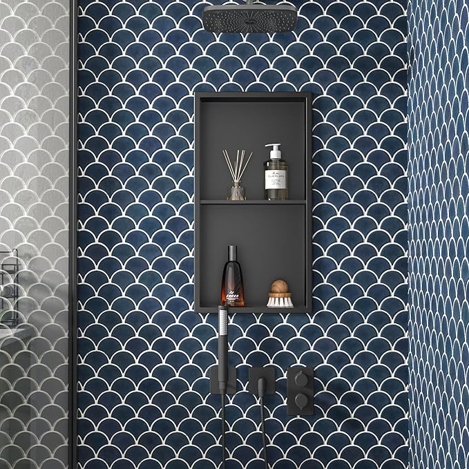 Stainless Steel Shower Niche 24" X 12" Matte Black No Tile Needed Vertical Niche Shower with Two- Tier Shelves Recessed Wall Niches for Bathroom Storage Over Mount Installation