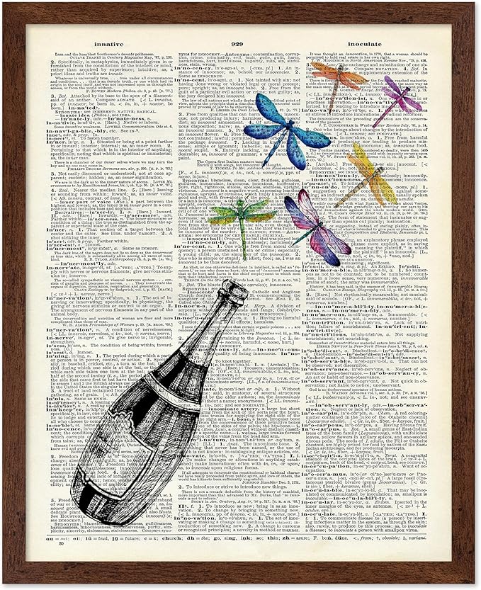 Poster Master Dictionary Art Poster - Champagne Bottle Print - Dragonfly Art - Alcohol Art - Gift for Men, Women & Bartender - Great Decor for Bar, Kitchen or Restaurant, 16x20 Brown Framed