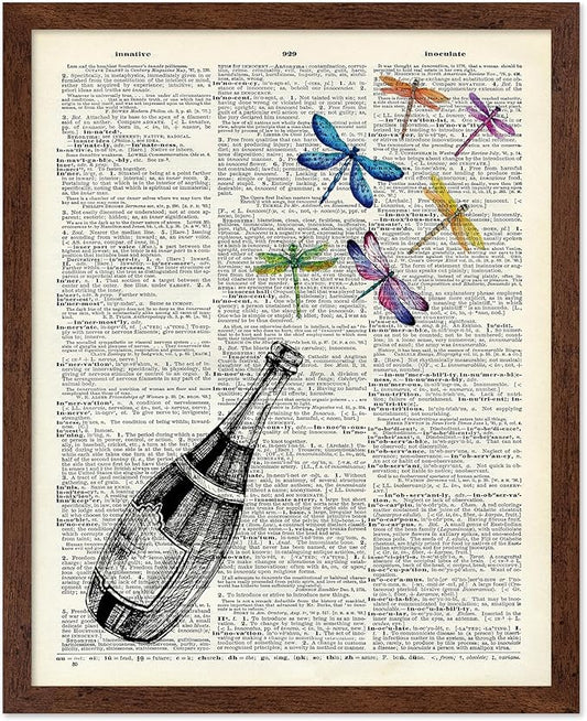 Poster Master Dictionary Art Poster - Champagne Bottle Print - Dragonfly Art - Alcohol Art - Gift for Men, Women & Bartender - Great Decor for Bar, Kitchen or Restaurant, 16x20 Brown Framed