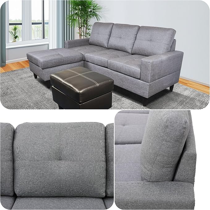 FONTOI L Shaped Sofa with Ottoman, Modern Faux Leather Couch with Chaise, 3 Seat Living Room Sofa Set with Solid Wood, for Home, Apartment, Study Room, Brown Grey