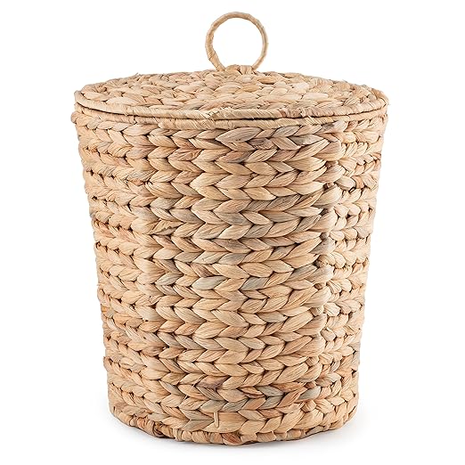 KOLWOVEN Wicker Trash Can with Lid in Bedroom, Bathroom - Trash Can in Office - Boho Woven Wicker Waste Basket - Office Garbage Cans for Under Desk (Water Hyacinth, Medium (D11 X H11))