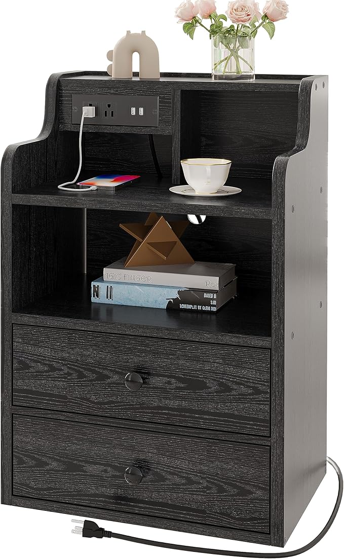 LIKIMIO Black Nightstand with LED Charging Station 2 Drawers and Storage Shelves, Left and Right Interchangeable Sockets Bed Side Table Night Stand with Drawer