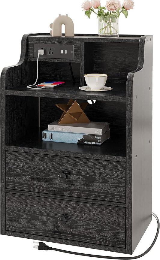 LIKIMIO Black Nightstand with LED Charging Station 2 Drawers and Storage Shelves, Left and Right Interchangeable Sockets Bed Side Table Night Stand with Drawer