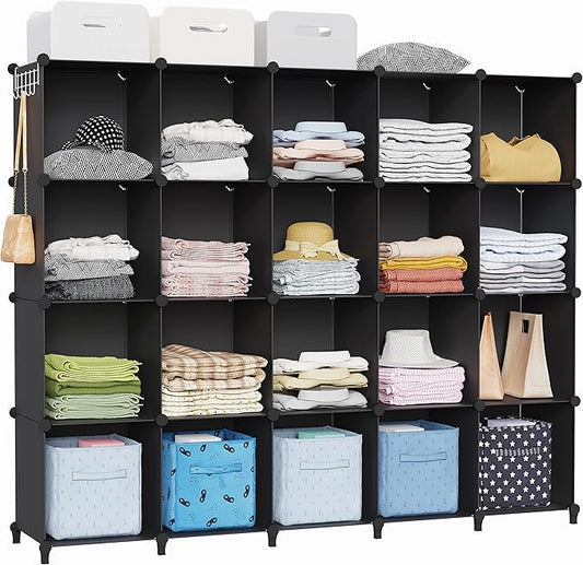 HOMIDEC 20-Cube Black Storage Organizer, Modular Shelf With Hammer, Storage Bin Cabinet Closet Bookshelf for Living Room, Bedroom, Office, Each Cube Size 11.8 x 11.8 Inch