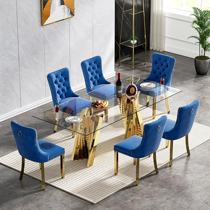 7 Piece Dining Table Set with 6 Blue Dining Chairs, Modern Glass Kitchen Table and Chairs Set for 6, 70" Rectangle Gold Glass Pedestal Dining Room Tables with Flash-Shape Stainless Steel Base