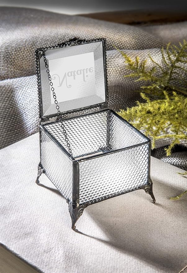 Personalized Engraved Jewelry Box Decorative Vanity Display Stained Glass Keepsake - J Devlin Box EB217-1 (Clear Honeycomb)