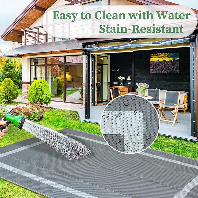 Ogrmar 8x10 FT Reversible Mats, Outdoor Rug for Patio Clearance, Waterproof Carpet, Plastic Straw Rug for Indoor Outdoor, Floor Mat&Rug for RV Porch Camping Backyard Deck Balcony Beach Trailer (Gray)