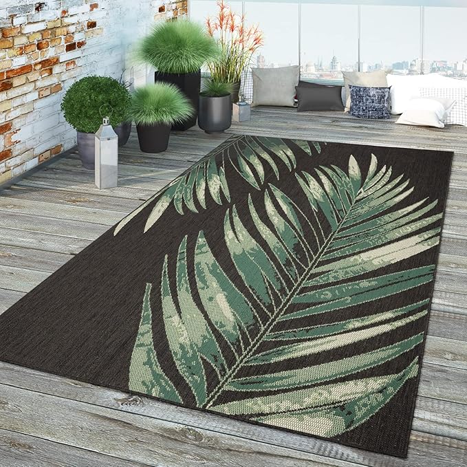 Outdoor Rug Black Green with Floral Palm Leaf Design Waterproof, Size: 3'11" x 5'7"