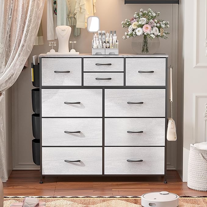 Lulive 10 Drawers Dresser for Bedroom, Chest of Drawers with Side Pockets and Hooks, PU Storage Dresser, Organizer Unit for Living Room, Hallway, Closet (Oakl)