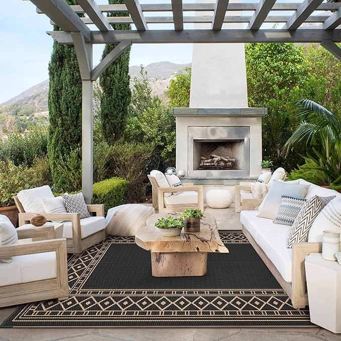 GENIMO Outdoor Rug Waterproof 6'x9' for Patio, Foldable Reversible Plastic Straw Carpet for Travel Trailers, Outside Area Mat for Rv, Deck, Picnic, Porch, Camper, Balcony, Beach, Black & Brown