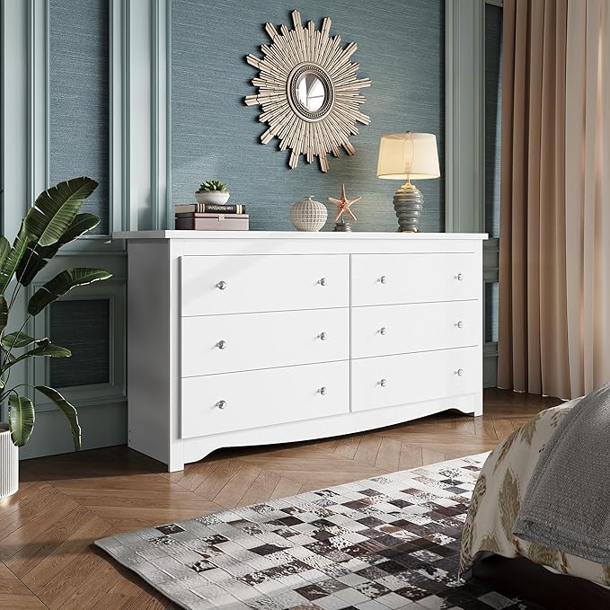 WLIVE White Dresser for Bedroom, 59“ Wide Chest of Drawers with 6 Drawer, Wood Long Nightstand with Drawers, Modern Large Storage Tower Unit, Closet Store Organizer for Living Room, Hallway