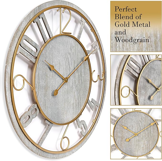 Sorbus 24-Inch Large Wall Clock – Wooden Decorative Clock for Living Room, Kitchen, Bedroom, Office – Easy to Hang Analog Wall Art (Grey)