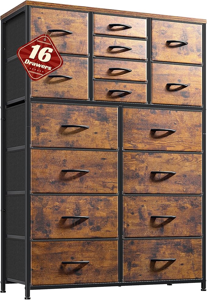 57“H Tall Dresser for Bedroom with 16 Drawers,Fabric Dressers & Chests of Drawers for Bedroom,Large Dresser for Closet,Sturdy Metal Frame & Wood Top,Entryway, Hallway(Rustic Brown)