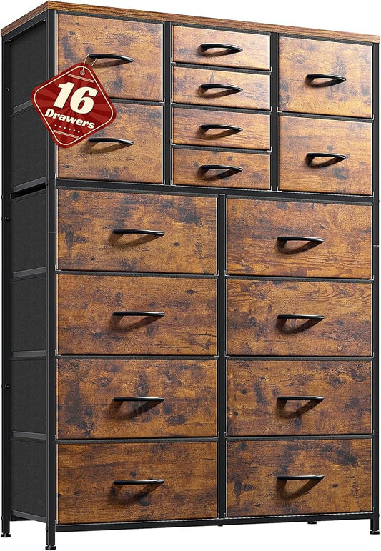 57“H Tall Dresser for Bedroom with 16 Drawers,Fabric Dressers & Chests of Drawers for Bedroom,Large Dresser for Closet,Sturdy Metal Frame & Wood Top,Entryway, Hallway(Rustic Brown)